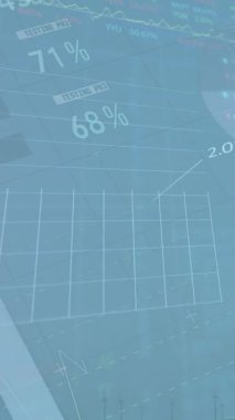 Animation of financial data processing over wind turbines. Global climate, sustainability, wind energy, business, finances, computing and data processing concept digitally generated video.