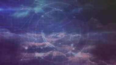 Mor bulutlar açılıyor, beyaz düğümler maddeleşiyor, çizgiler birbirine bağlanıyor, ağ gelişiyor. Gelecek, teknoloji, soyut, dijital, yenilik, siber, bağlantı