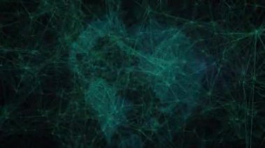 Teal kümesi görünür ve bağlanır, titreşen düğümlerle dönen dünyayı oluşturur veriyi görselleştirir. Teknoloji, bağlantı, dijital, yenilik, siber alan, ağ, soyut