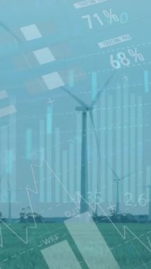 Mavi gökyüzüne karşı dönen yel değirmenleri üzerinde istatistiksel veri işleme animasyonu. Yenilenebilir enerji ve iş teknolojisi kavramı
