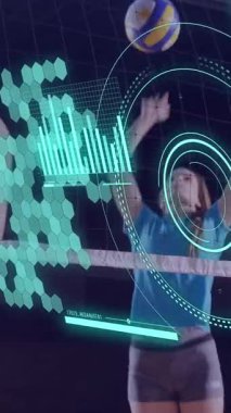 Animation of scope scanning and data processing over caucasian people playing volleyball at gym. Global sport and digital interface concept digitally generated video.