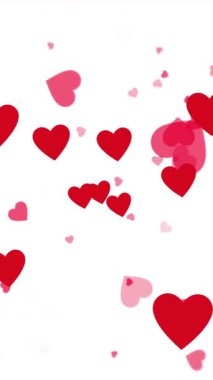 Beyaz arka planda yüzen kırmızı kalplerin animasyonu. Sevgililer Günü, romantizm ve aşk konsepti dijital olarak oluşturulmuş video.