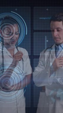 Animation of diverse male and female doctors and scientific data processing over blue background. Global medicine, digital interface, computing and data processing concept digitally generated video.