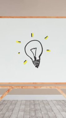 Açık pembe duvarları ve ahşap zemini olan bir odanın içinde ahşap çerçeveli beyaz bir panoda sarı ışıkları olan bir ampulün dijital animasyonu.