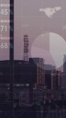 Şehir manzarasının havadan görünüşü üzerinden istatistiksel veri işleme animasyonu. İş verileri ve analitik teknoloji kavramı