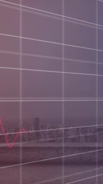 Gökyüzüne karşı modern şehir manzarası üzerinde değişen sayılarla birden fazla grafiğin animasyonu. Dijital bileşik, çoklu pozlama, rapor, iş, büyüme, gökdelenler, binalar ve mimari.