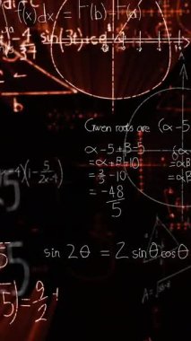 Animation of digital screen with data and math formulas on black background. Science, math, knowledge and education concept digitally generated video.