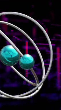 Atomun 3D modelinin animasyonu ve siyah arkaplan üzerinde dinamik çizgi deseni. Dijital olarak üretilmiş, hologram, illüstrasyon, üç boyutlu, bilim, kimya ve teknoloji kavramı.