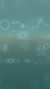 Gri arkaplandaki yuvarlak tarayıcıların ve veri işlemlerinin animasyonu. Bilgisayar arayüzü ve iş teknolojisi kavramı