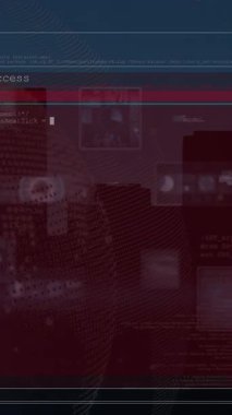 Şehrin arka planında bilgisayar veri işleme ve programlama kodu animasyonu. Yazılım geliştirme, ağ oluşturma, dijital arayüz, küresel iletişim kavramı.