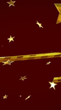 Kırmızı zemine düşen altın yıldızların ve baston şekerlerin animasyonu. Noel, şenlik, kutlama ve gelenek konsepti dijital olarak oluşturuldu.