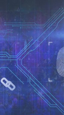 Mavi arka plan üzerinde biyometrik parmak izi ve veri işleme animasyonu. dijital arayüz, tanıma, kimlik, küresel teknoloji ve bağlantı konsepti dijital olarak oluşturulmuş video.