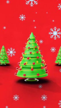 Kırmızı arka planda kar taneleri ve Noel ağaçlarının animasyonu. Noel, kış ve kutlama konsepti dijital olarak oluşturulmuş video.