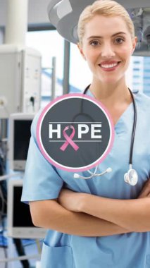 Kafkasyalı kadın doktor için umut ve göğüs kanseri farkındalığı kurdeleleri. Göğüs kanseri farkındalığı ve sağlık konsepti dijital olarak üretilen video.