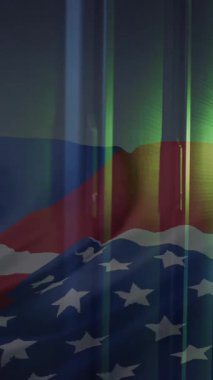 Tayvan ve Amerika Birleşik Devletleri bayrağı üzerinde bilgisayar sunucularının animasyonu. Küresel hesaplama, dijital arayüz ve veri işleme kavramı dijital olarak oluşturulmuş video.