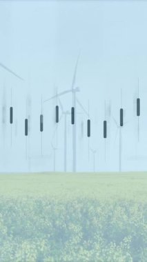 Rüzgar türbinleri ve manzara üzerinde finansal veri işleme animasyonu. küresel finans, iş ve dijital arayüz kavramı dijital olarak oluşturulmuş video.