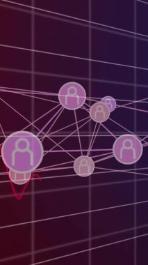 Kırmızı ve mavi çizgiler üzerinde bağlantılar ve finansal veri animasyonu ağı. Maliye, analitik, ekonomi, istatistik, büyüme, düşüş