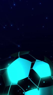 Animation of digital football over blue spots on black background. Global sport, technology and digital interface concept digitally generated video.