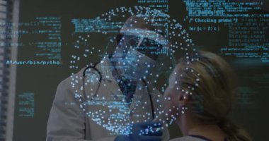 Doktor, veri küresi dönerken hastanın burun deliğine tıbbi test için bez getirip sokuyor. Sağlık, tanı, teknoloji, güvenlik, klinik, yenilik, veri görselleştirme