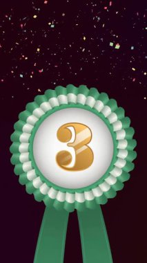 Yeşil ve beyaz rosette 3 numara ve siyah arka planda düşen konfeti animasyonu. Üçüncülük, rekabet, ödül, başarı, başarı ve kutlama, dijital olarak oluşturulmuş video.