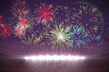 Futbol Stadyumu üzerinde patlayan sayısal olarak oluşturulmuş havai fişek