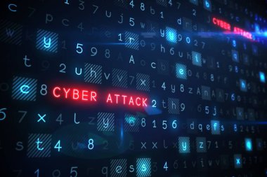 Kırmızı parıldayan CYBER saldırı metni koyu dijital kod ızgarası üzerinde süzülüyor, neon mavi işaret fişekleri ile. Siber güvenlik, dijital, fütüristik, teknoloji, ağ, kırılganlık, hackleme