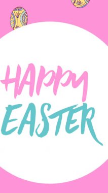 Paskalya yumurtalarının animasyonu ve mutlu paskalya metinleri. Paskalya, gelenek ve kutlama konsepti dijital olarak oluşturuldu.