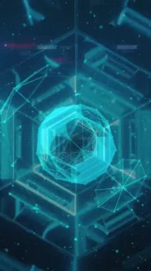 Neon ışıklardan yapılmış hareket eden altıgen tünelinin üzerindeki noktaların ve bağlantıların animasyonu. Ağ, bağlantılar, iletişim ve teknoloji konsepti dijital olarak oluşturulmuş video.