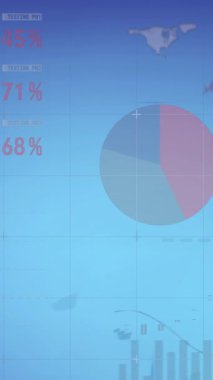 Animation of financial data processing and statistics over blue background. Global business, finances, computing and data processing concept digitally generated video.