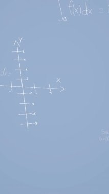 Mavi arkaplan üzerinde matematiksel denklemlerin animasyonu. küresel eğitim, bağlantılar, veri işleme ve teknoloji konsepti dijital olarak oluşturulmuş video.
