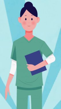 Mavi radyal arka planda yüz maskesi ikonu takan kadın sağlık çalışanının dijital animasyonu. tıbbi ve sağlık hizmeti kavramı