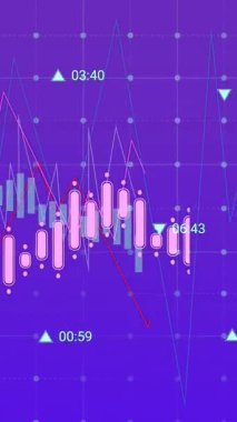 Mor arka planda finansal veri işleme animasyonu. Küresel iş, bağlantılar, iletişim, dijital arayüz ve dijital olarak oluşturulmuş video işleme kavramı.