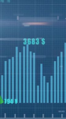 Animation of statistical data processing over screens of mosaic squares against blue background. Business data technology concept