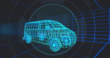 Mavi kablo karavanda görünen DATA PROTECTION metni HUD halkalarını genişletiyor ve ikonlar yörüngede dönüyor. Siber güvenlik, dijital, fütüristik, teknoloji, güvenlik, sanal, yenilik