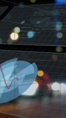 Finansal veriler ve borsa animasyonu gece şehir ışıkları üzerinde. Finans, şehir manzarası, ekonomi, ticaret, yatırım, analitik