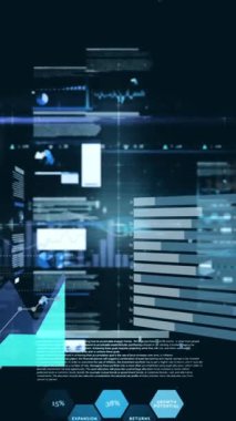 Değişik grafiklerin animasyonu ve siyah arkaplan üzerine finansal veriler. Küresel finans, para ve ekonomi kavramı dijital olarak üretilen video.