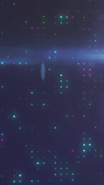 Renkli parçacıkların ve ışık demetlerinin canlandırılması kozmik uzay etkisi yaratıyor. Soyut, dijital, teknoloji, fütüristik, canlı, enerji