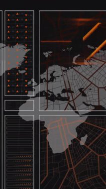 Arka plandaki haritayla navigasyon deseni üzerinde soyut şablonun animasyonu. Dijital olarak üretilmiş, hologram, küresel, konum, aydınlatılmış, küresel konumlandırma sistemi ve teknoloji kavramı.