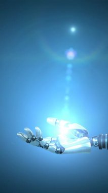 Mavi arka planda robotik kol ve ışık noktaları animasyonu. küresel iş ve dijital arayüz kavramı dijital olarak oluşturulmuş video.