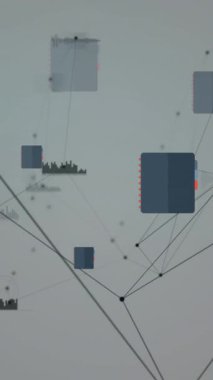 Veri işleme ağı ve gri arkaplan üzerindeki şekillerin animasyonu. Bağlantılar, şablon ve hareket konsepti dijital olarak oluşturuldu.