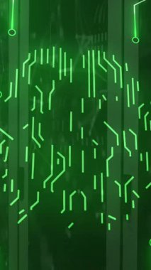 Arka plandaki sunucu odasındaki bağlantılı noktaların üzerinde devre kartı desenleri oluşturan beyin animasyonu. Dijital bileşik, yapay zeka, iletişim, teknoloji ve ağ sunucu kavramı.