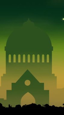 Yeşil arka planda, tropikal manzaraların siyah siluetinin animasyonu. Yeni yıl arifesi, parti, gelenek ve dijital olarak üretilen video konsepti.