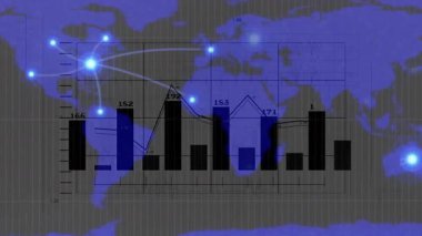 Çubuk çizelgesi yükseliyor, çizgi grafik ve harita soluyor etiketlerin güncellendiğini ve düğümlerin küresel olarak bağlandığını gösteriyor. Analizler, veriler, görselleştirme, bilgi grafikleri, teknoloji, ağ, bağlantı