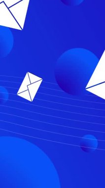 Mavi arkaplandaki mavi kürelerin üzerine düşen zarfların birden fazla simgesinin canlandırılması. Dijital ağ teknolojisi konsepti dijital olarak oluşturuldu.