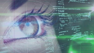 Göz alıcı kod örtüsü, biyometrik tarama başlatılıyor, tarama ışını taraması, repartikül atımı gösteriliyor. Siber güvenlik, biyometrik, geleceksel, arayüz, teknoloji, dijital, yenilik