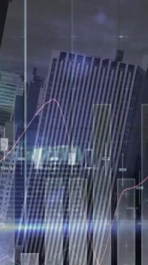 Animation of statistical data processing against aerial view of inverted tall buildings. Business data technology concept