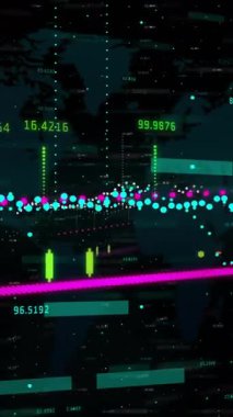 Karanlık arka planda finansal veri işleme sisteminin animasyonu. Küresel finans, iş, bağlantılar, hesaplama ve veri işleme kavramı dijital olarak oluşturulmuş video.