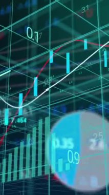 Grafik, grafik ve işleme verilerinin üç boyutlu ızgara üzerinde animasyonu. Dijital olarak oluşturulmuş küresel iletişim, iş, finans ve veri arayüzü kavramı.