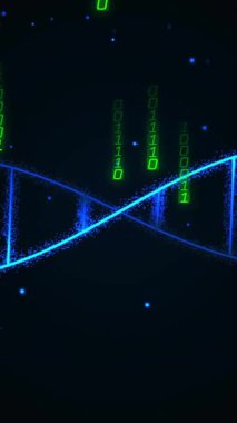 Siyah arka plandaki veri işleme üzerindeki DNA iplikçiklerinin animasyonu. Bilim, teknoloji, bilgisayar ve dijital arayüz konsepti dijital olarak oluşturulmuş video.