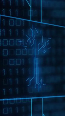 Bilgisayar devre kartının ikili kodlaması, küresi ve veri işlemesi ile animasyonu. Küresel iş, bilgisayar, transfer ve veri işleme kavramı dijital olarak oluşturulmuş video.